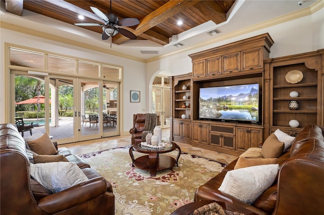 living room with wooden ceiling, french doors, crown molding, ceiling fan, and beam ceiling