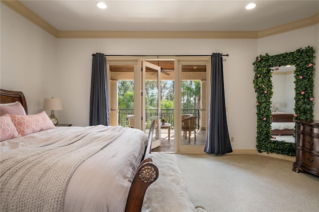 bedroom featuring carpet, access to outside, and ornamental molding