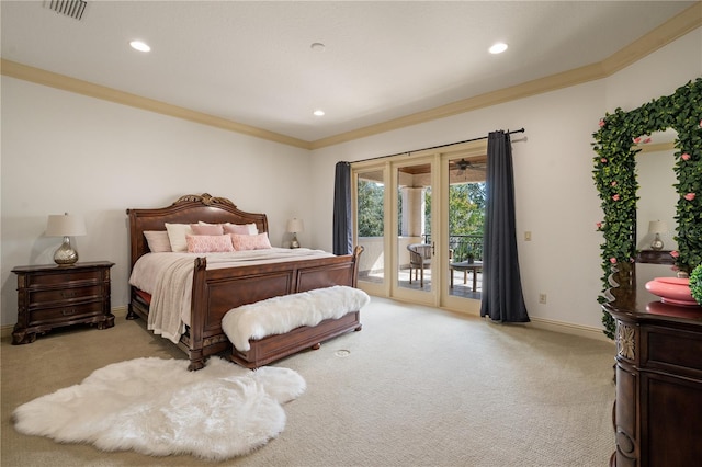 bedroom featuring access to exterior, light carpet, and crown molding