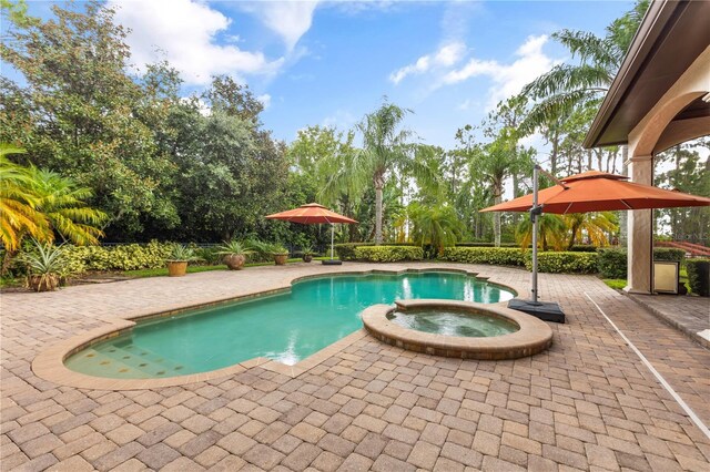 view of swimming pool with a patio area and an in ground hot tub