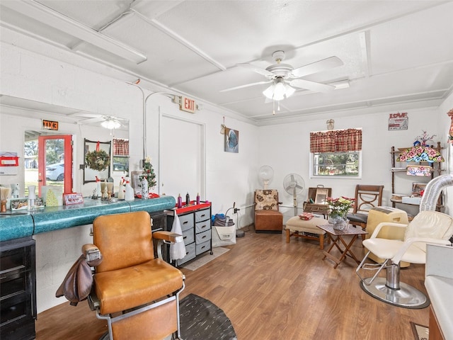 living room with light hardwood / wood-style flooring, ceiling fan, and a wealth of natural light