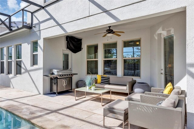 view of patio featuring ceiling fan, outdoor lounge area, a grill, and a lanai