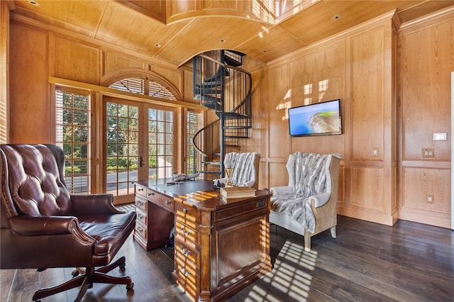 home office with dark hardwood / wood-style flooring, french doors, wooden walls, and wooden ceiling