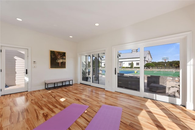 exercise area featuring wood-type flooring