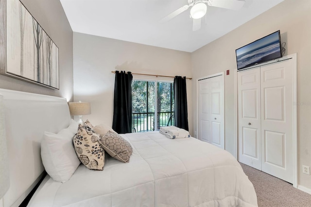 bedroom with carpet floors, access to outside, and ceiling fan