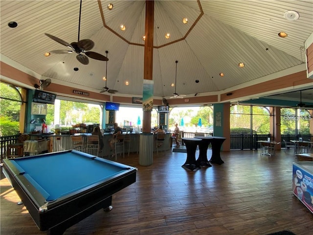 rec room featuring dark wood-type flooring, billiards, and ceiling fan