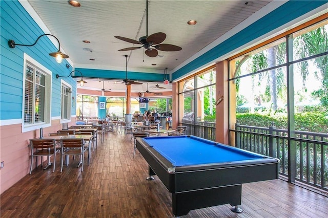 rec room with ceiling fan, hardwood / wood-style flooring, and pool table