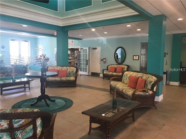 tiled living room featuring elevator and ornamental molding