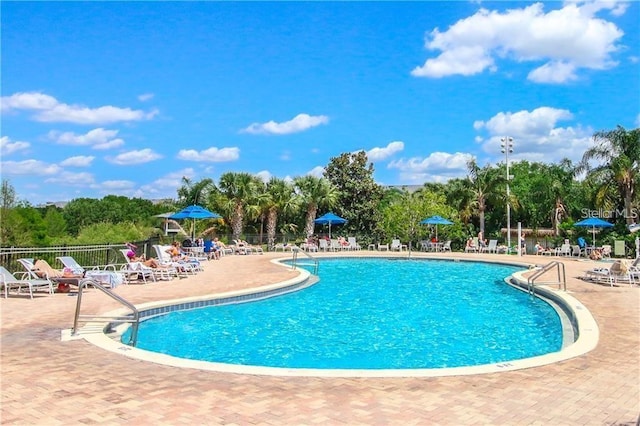 view of swimming pool with a patio area