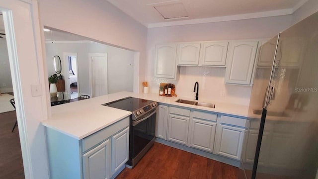 kitchen featuring stainless steel refrigerator, white cabinetry, sink, electric range oven, and dark hardwood / wood-style flooring