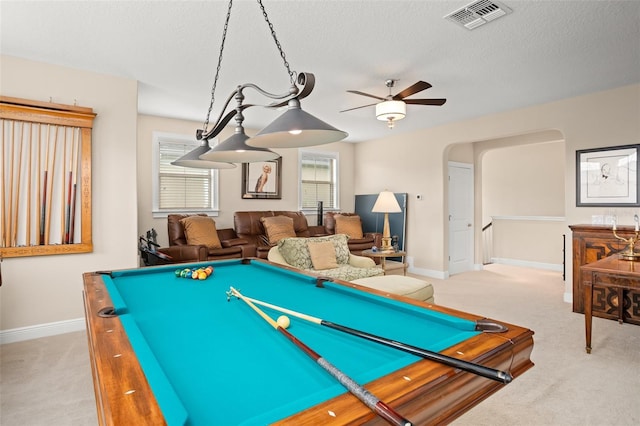 14372 Sunbridge Cir, Winter Garden, FL 34787 - game room with carpet, a ceiling fan, pool table, and a textured ceiling