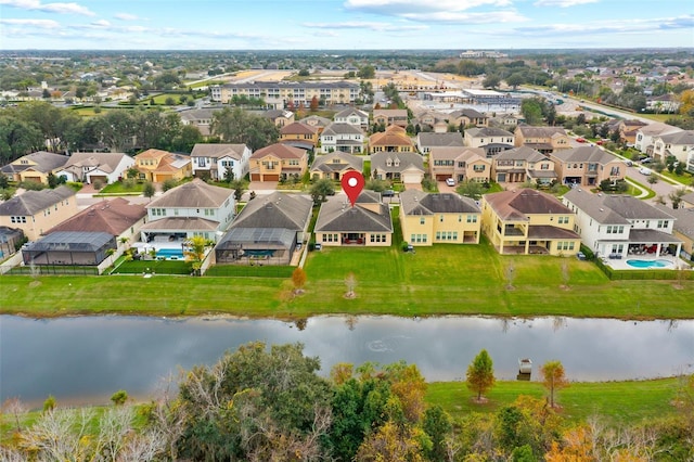 drone / aerial view featuring a water view