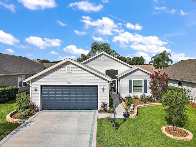 ranch-style home featuring a garage and a front yard