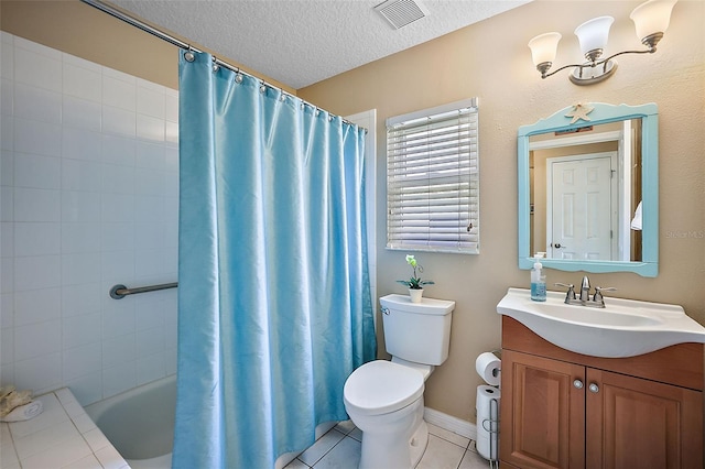 full bathroom with toilet, shower / tub combo, a textured ceiling, vanity, and tile patterned flooring