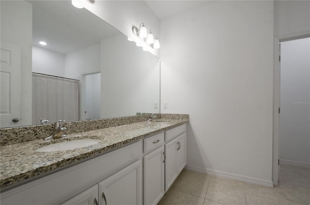 bathroom with vanity, tile patterned flooring, and a shower with shower curtain