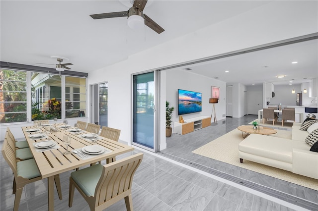 interior space featuring ceiling fan