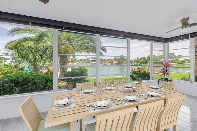 sunroom / solarium with ceiling fan and a water view