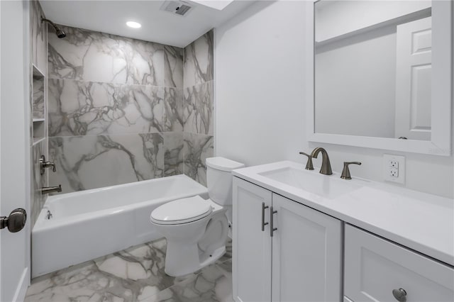 full bathroom featuring toilet, tile flooring, vanity, and tiled shower / bath