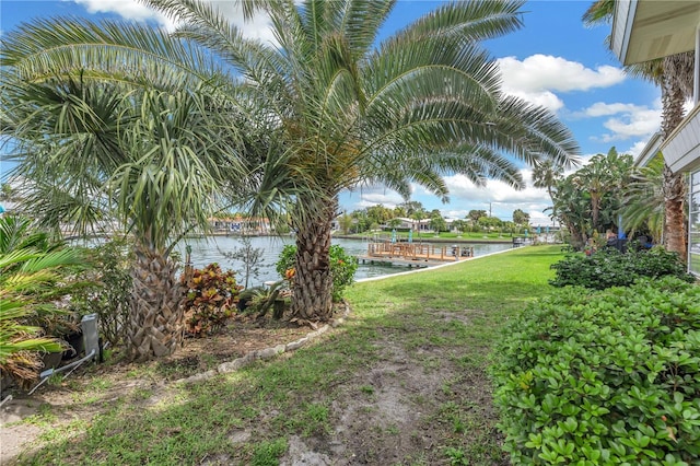 view of yard with a boat dock and a water view