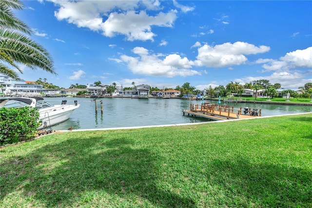 dock area with a water view and a yard