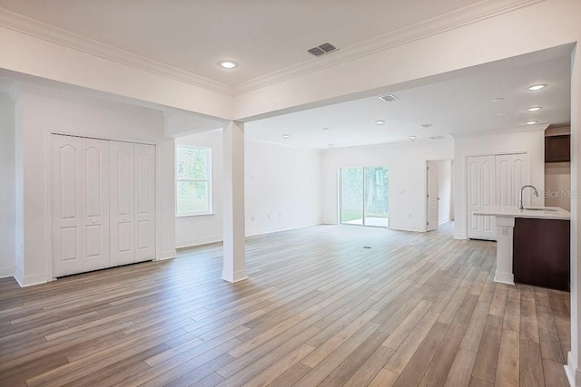 unfurnished living room with ornamental molding, plenty of natural light, and light hardwood / wood-style floors