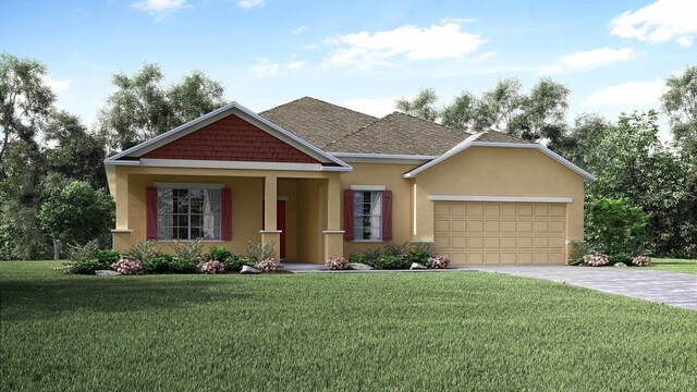 view of front of property with a garage and a front lawn