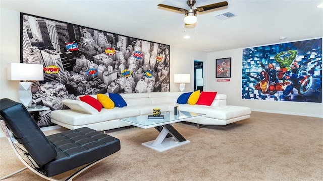 living room with carpet and ceiling fan