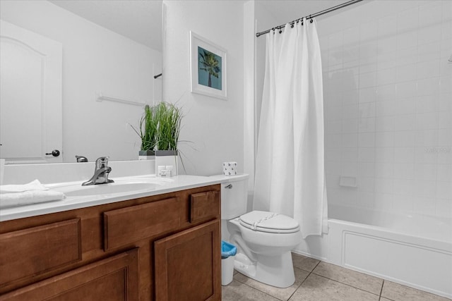 full bathroom with vanity, tile floors, toilet, and shower / bathtub combination with curtain