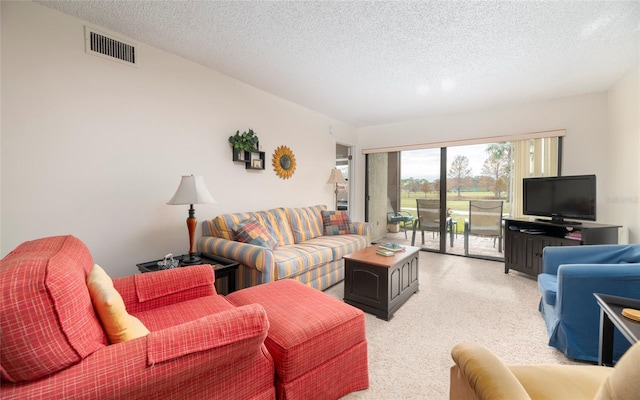 living room with a textured ceiling and light colored carpet