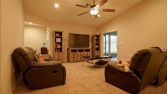 carpeted living area with ceiling fan, visible vents, vaulted ceiling, and recessed lighting