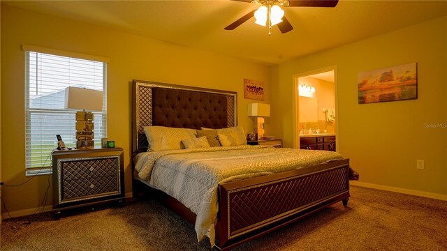 bedroom featuring ceiling fan, carpet, and baseboards