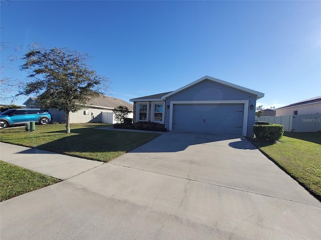 single story home with an attached garage, driveway, a front lawn, and fence