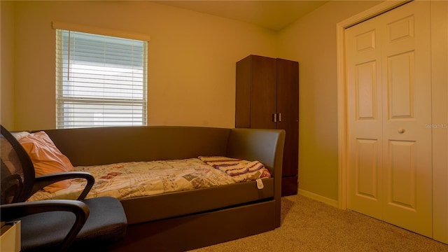 bedroom with light carpet and baseboards