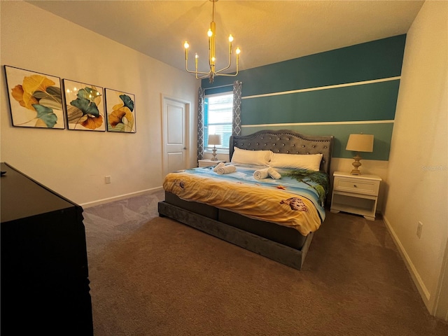 bedroom with carpet flooring and an inviting chandelier