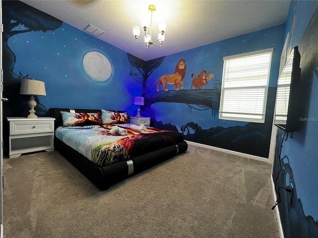 carpeted bedroom with a textured ceiling and a notable chandelier