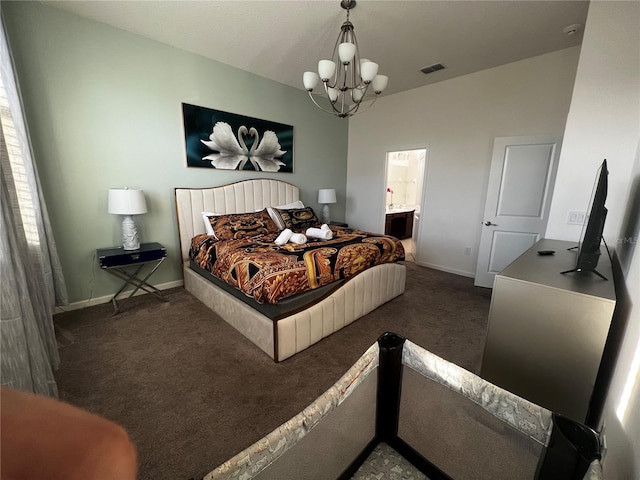 bedroom featuring connected bathroom, dark colored carpet, vaulted ceiling, and a chandelier