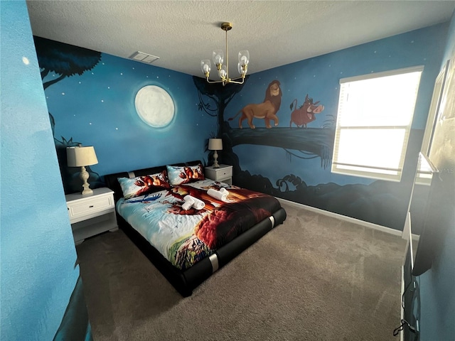 bedroom featuring a textured ceiling, a chandelier, and carpet flooring