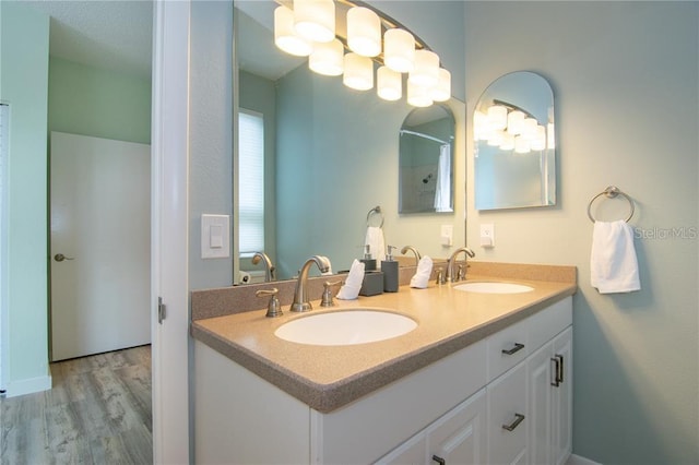 bathroom with dual vanity and hardwood / wood-style flooring