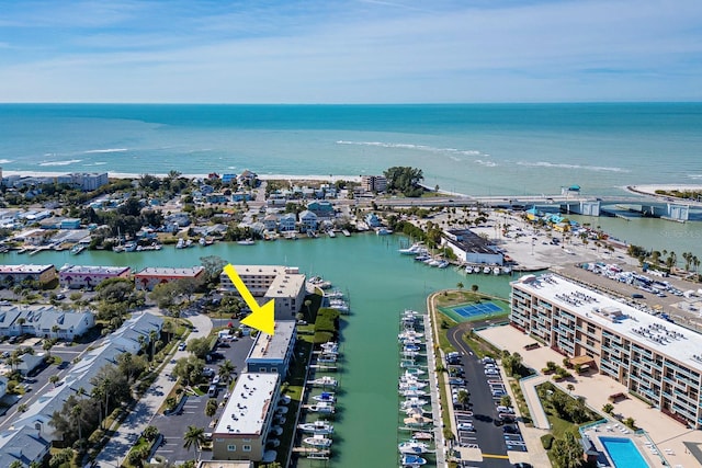 birds eye view of property featuring a water view