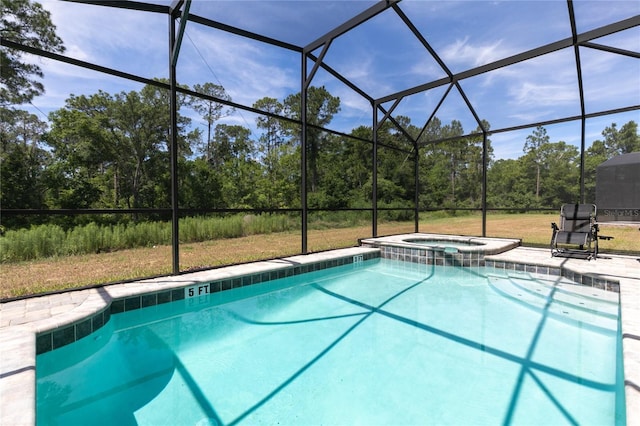 view of pool featuring an in ground hot tub, a lawn, glass enclosure, and a patio