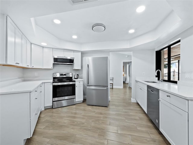 kitchen with stainless steel appliances, white cabinetry, a raised ceiling, and sink