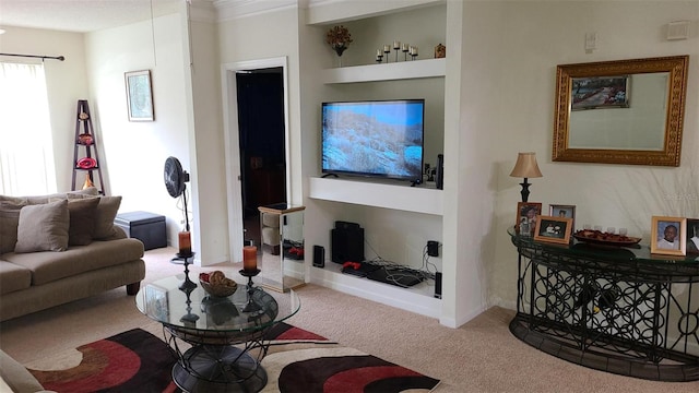 living area with built in features, carpet, and baseboards