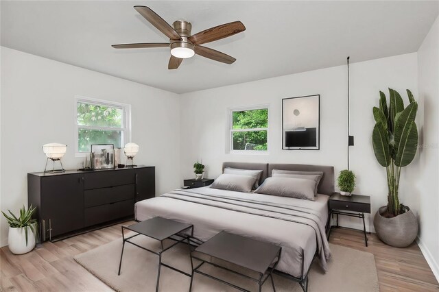 bedroom with multiple windows, light hardwood / wood-style flooring, and ceiling fan