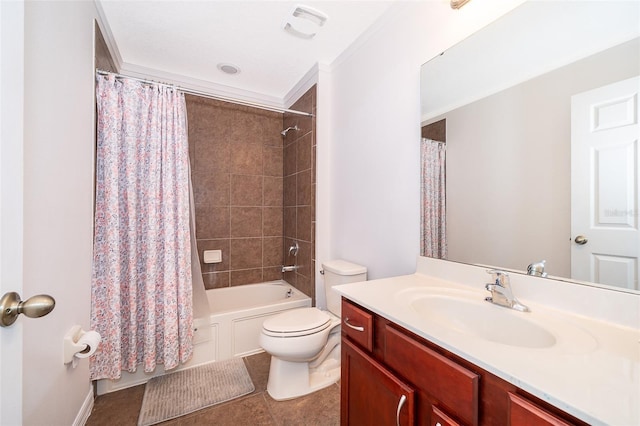 full bathroom featuring toilet, vanity, shower / tub combo with curtain, and tile flooring