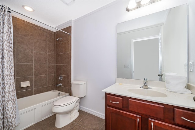 full bathroom with shower / bath combination with curtain, toilet, vanity, and tile flooring