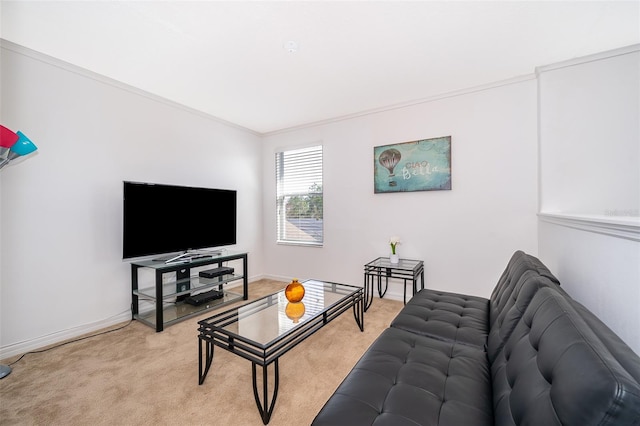 living room with light colored carpet and ornamental molding