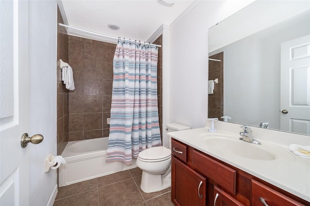 full bathroom featuring toilet, ornamental molding, tile floors, vanity, and shower / bathtub combination with curtain