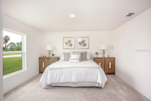 bedroom with light carpet