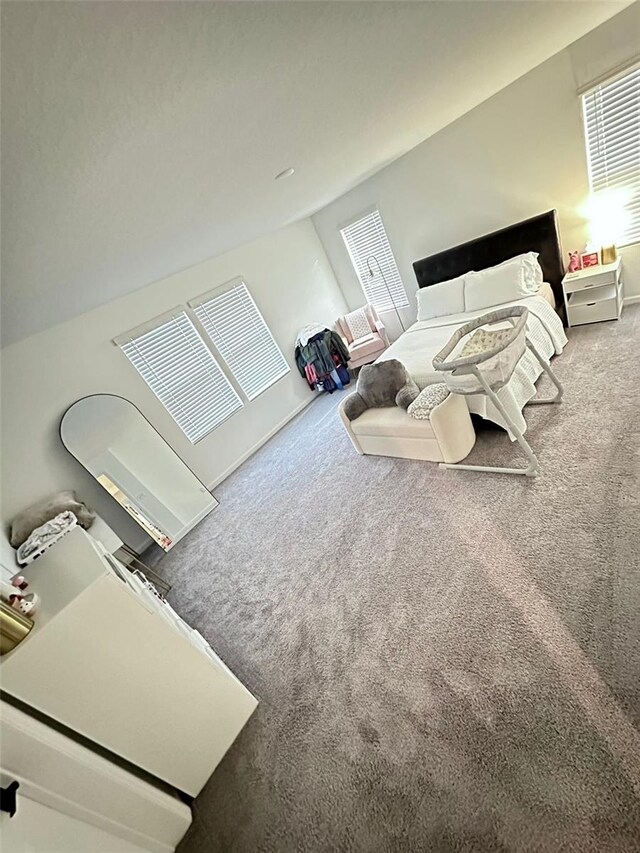 bedroom featuring lofted ceiling and carpet