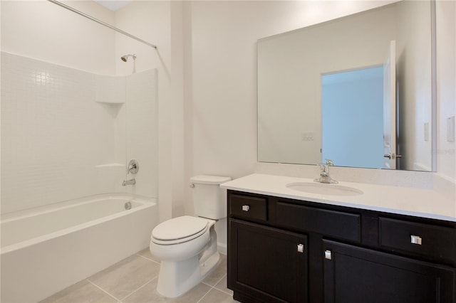 full bathroom with  shower combination, toilet, tile floors, and oversized vanity